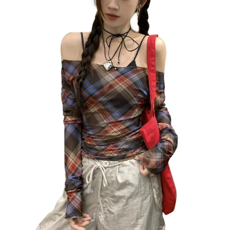 Xingqing y2k Tops Women Grunge Fairycore Clothing Plaid Print Off Shoulder Long Sleeve Mesh T Shirts 2000s Clothes Streetwear