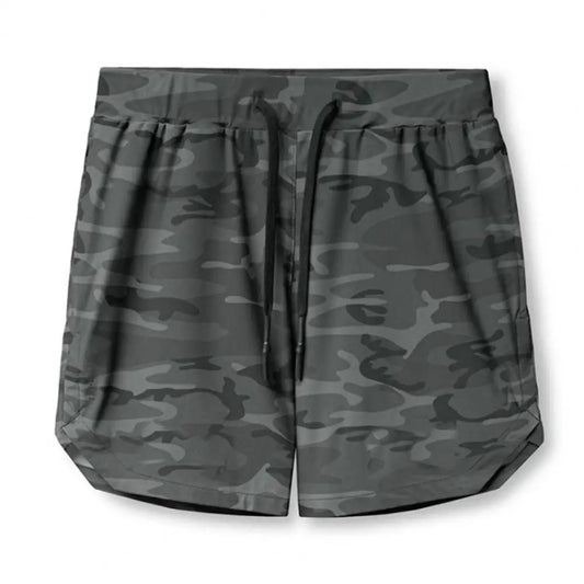 Camo Running Shorts Men 2 In 1 Double-deck Quick Dry GYM Sport Shorts Elastic Waist Zipper Pockets Drawstring Jogging Sweatpants