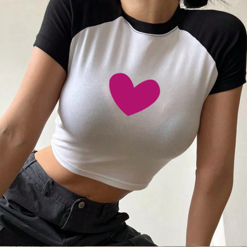 Coração Hot Girl Estética Vintage Crop Tops Curtos Y2k Mangas Femininas Camiseta Verão Streetwear Kpop Gráfico Fada Grunge Bebê Camiseta