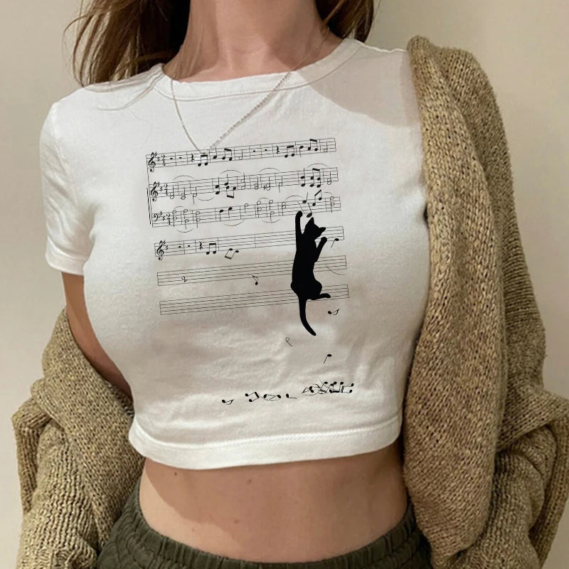 Women 2000s Sweet Funny Cat T Shirt Crop Top Women Shirt Cropped Ulzzang T-shirt 90s Tshirt Top Tee Female Gothic Shirt