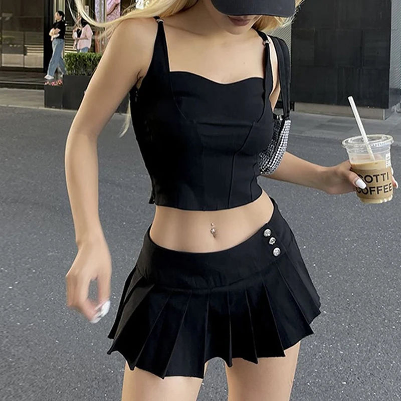 HEYounGIRL Women Basic Casual Sport Suit High Street Korean Tank Top and Pleated Short Skirt Two Piece Set Cute Matching Sets