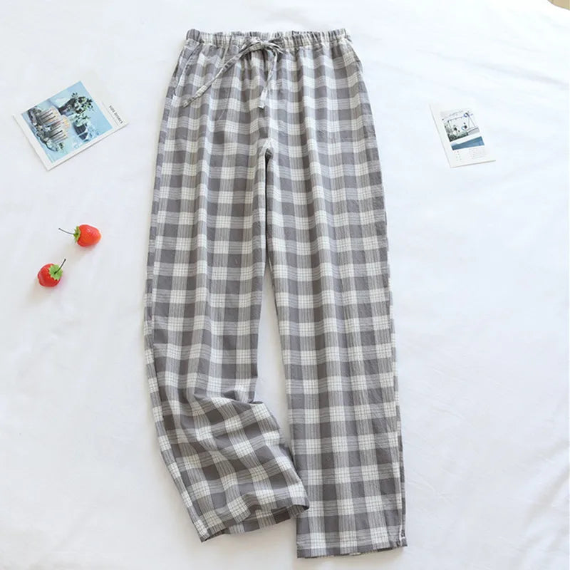 Fdfklak Washed Cotton Plaid Pajamas Pant Men's Woven Pockets Home Pants Casual Loose Male Sleep Trousers Pantalones De Mujer