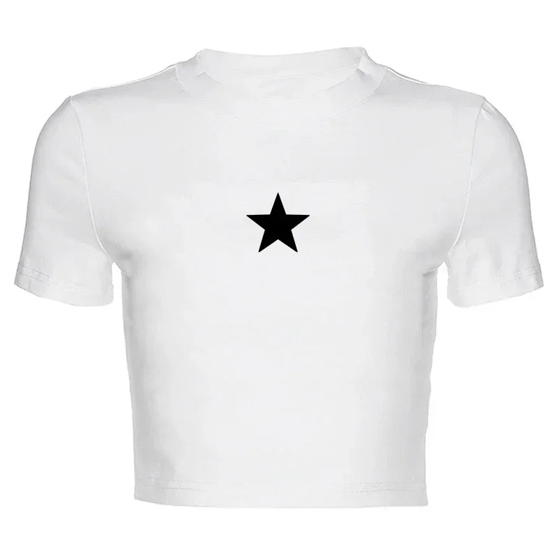 Kawaii Top Cropped Feminino Harajuku Bebê Camiseta Y2K Goth Manga Curta Streetwear Estampa de Estrela Roupas Camiseta Cena Emo Camiseta Vintage