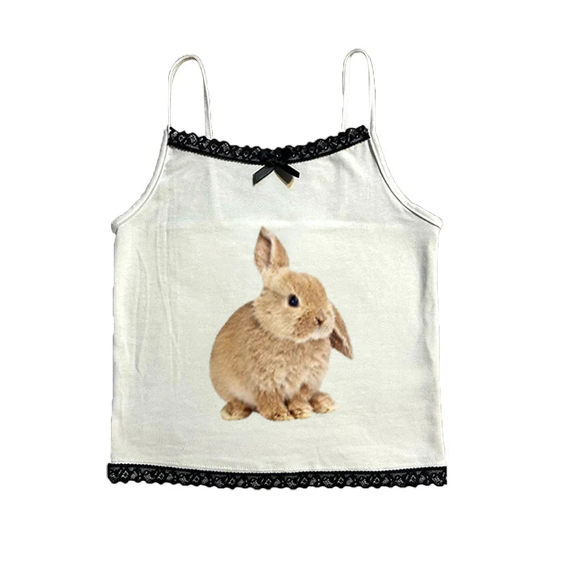 Cute sweet aesthetic Y2K women's sleeveless camisole streetwear casual punk rabbit pattern print vintage Harajuku summer shorts