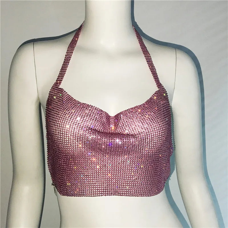 AKYZO-Sparkly Diamond Tank Top para mulheres, alças finas de strass de cristal, costas nuas sexy, top curto de clube, festa rave de festival