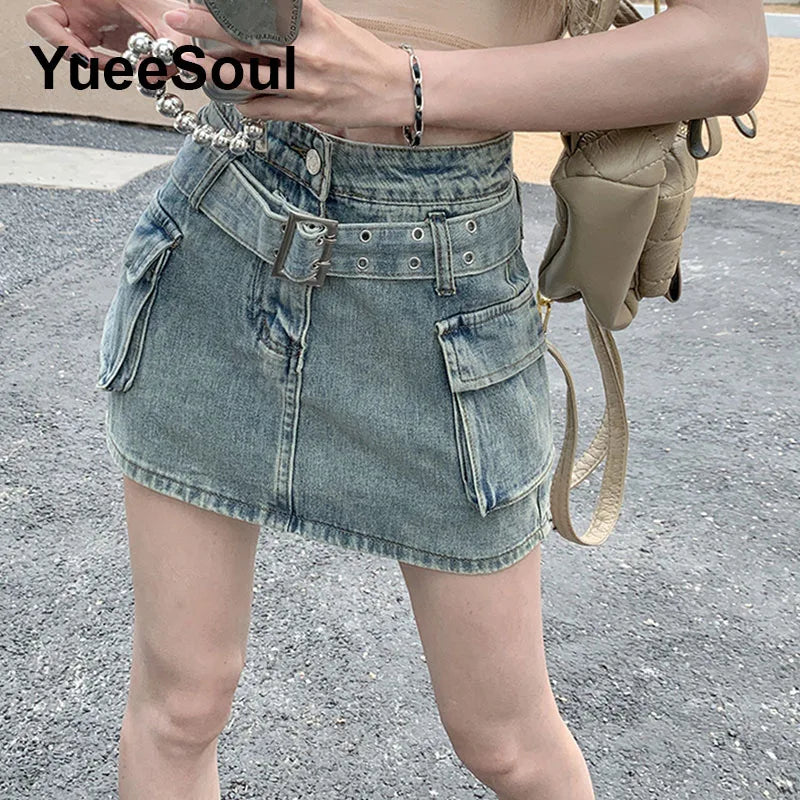 Blue Denim Skirt  A-Line High Waist Mini Skirt 2024 New Summer Y2K 2000s High Street Sexy Kawaii Cute Skirts for Women