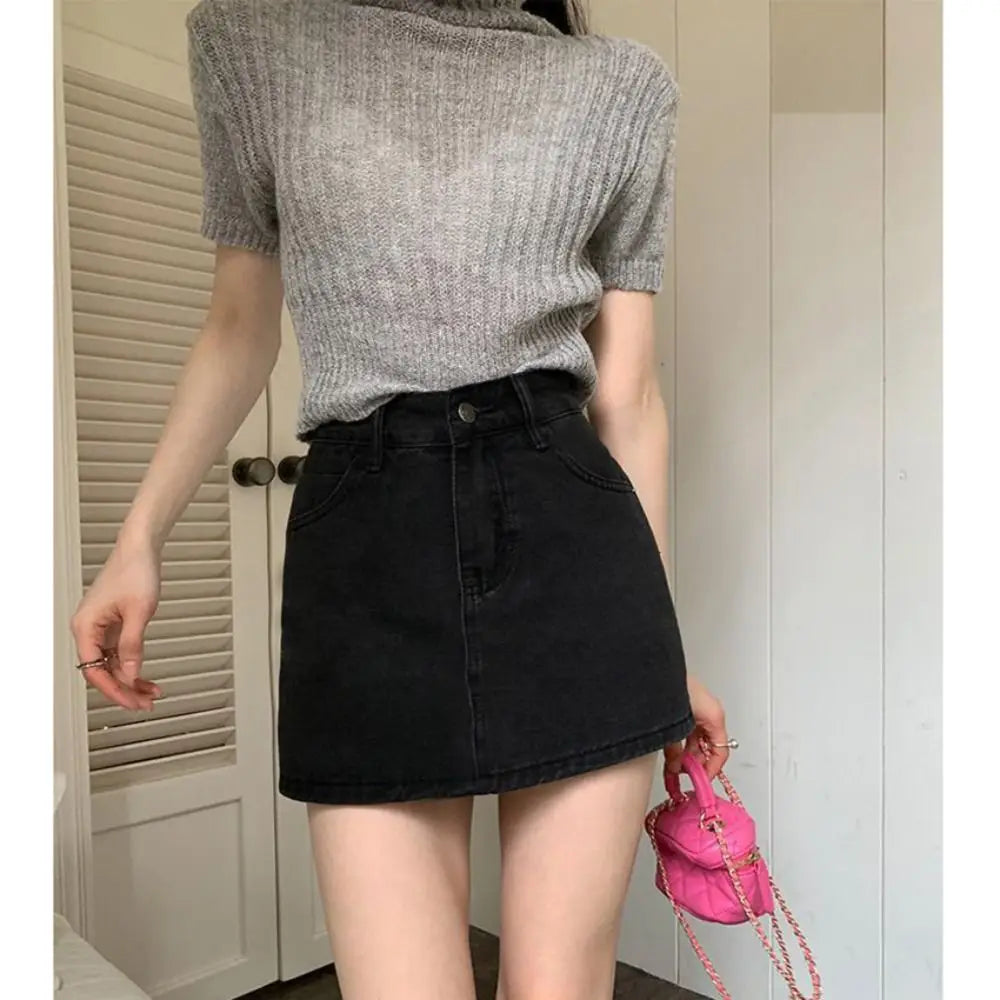 Classic High Waist Jean Skirt Stretchy A-Line Denim Skirts Slim Fit Casual Mini Skirt Girls