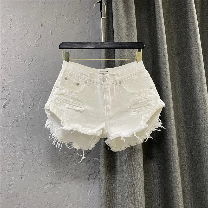 2025 New Summer Women's Sexy Low-waisted Jeans Denim Shorts Hole A Wide-leg Pants Ripped Jeans 4 colors