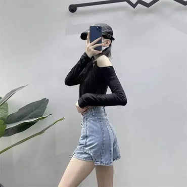 Saia jeans de cintura alta feminina estilo fino de verão 2022 nova ilusão de duas peças calças petite emagrecimento shorts linha A