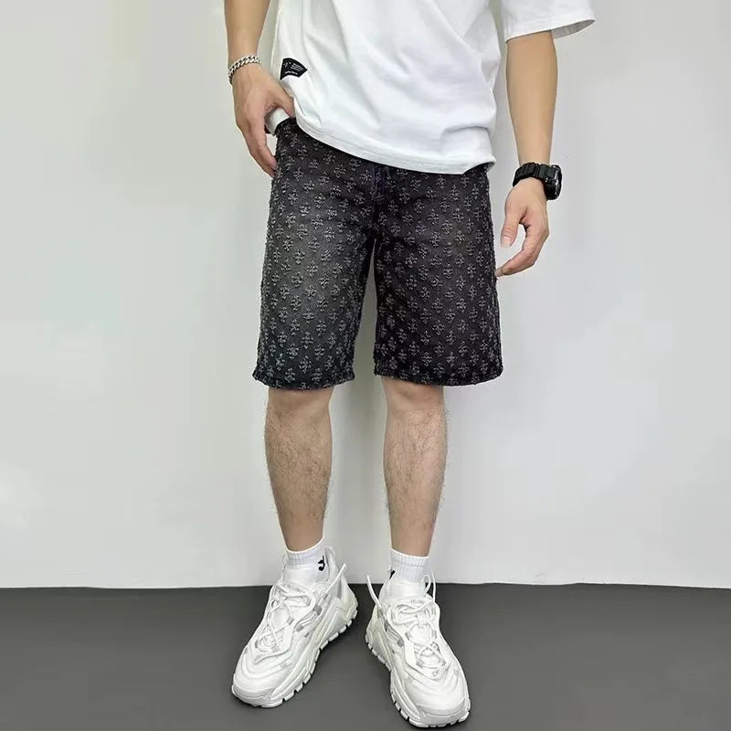 Five Point Pants For Men 2024 New Summer Loose Straight Wide Leg Perforated Jacquard High-End Casual Denim Shorts For Men