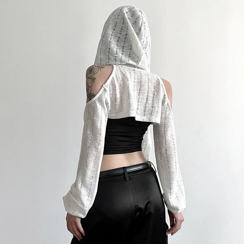 Goth Dark Open Shoulder Techwear Y2k Crop Cardigans Mall Gothic Hooded Sexy Women Crop Tops Punk Grunge Buckle Streetwear Shirts