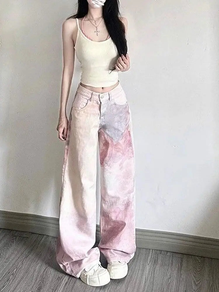 Floral Tie Dye Printed Loose Straight Leg Jeans for Women High Waist Slimming and Wide Leg Pants