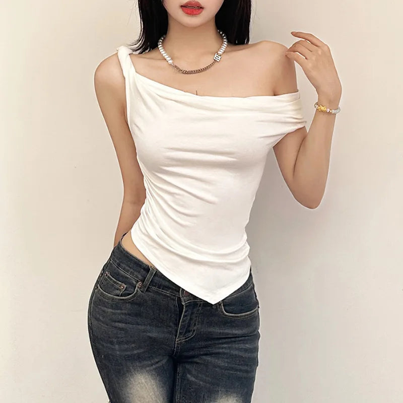 Nibber Color Simple Tight Sexy Hot All-match Casual Youth Slash Neck Bright Confident Summer Travel Cool Women's Camisole Vest