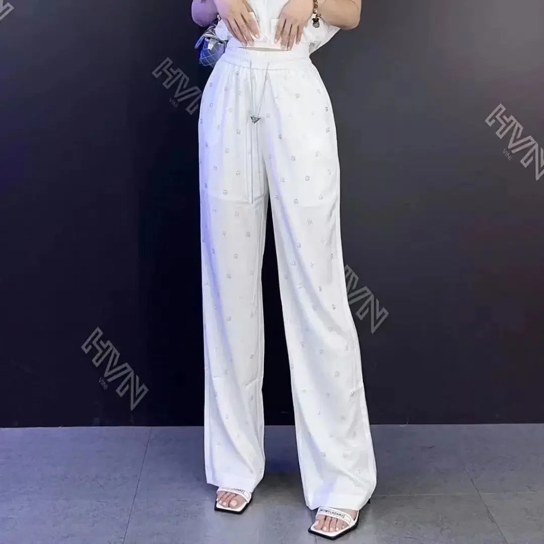 2024 Acetic Acid Hot Diamond A Letter High Waist Casual Pants Elastic Waist Covering Meat Wide Leg Pants