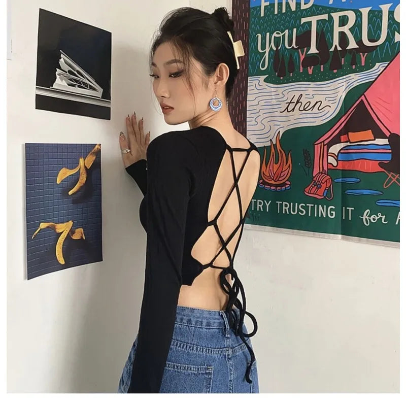 Deeptown Y2K Black Cardigan V Neck Crop Women's Sweater Korean Fashion Backless Knitwear Slim Spring Knit Streetwear Gyaru Kpop