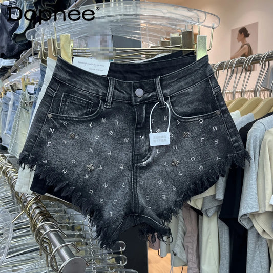 Shorts jeans femininos de cintura alta com strass e letras, moda verão 2024, bainha desfiada, perna larga, calças curtas, jeans feminino