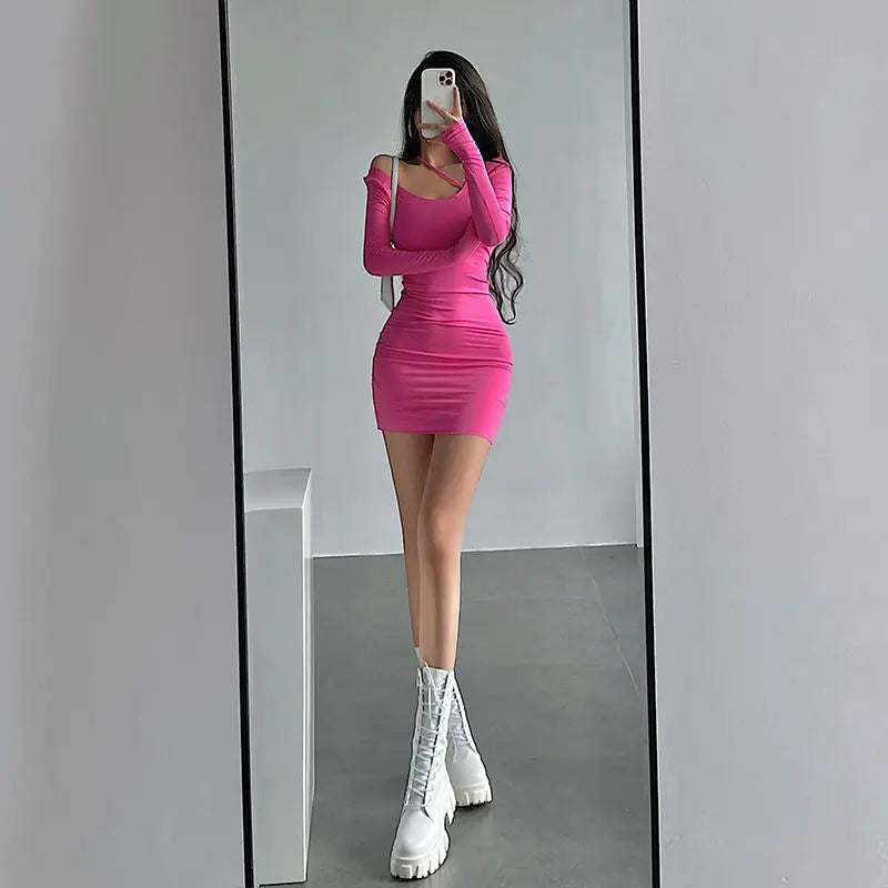 Pink Spicy Girl Sexy Tight Show Slim Skew Fashion Shoulder Strap Long Sleeve Bottom  Wrapped Hip Short Skirt Y2K mini dress