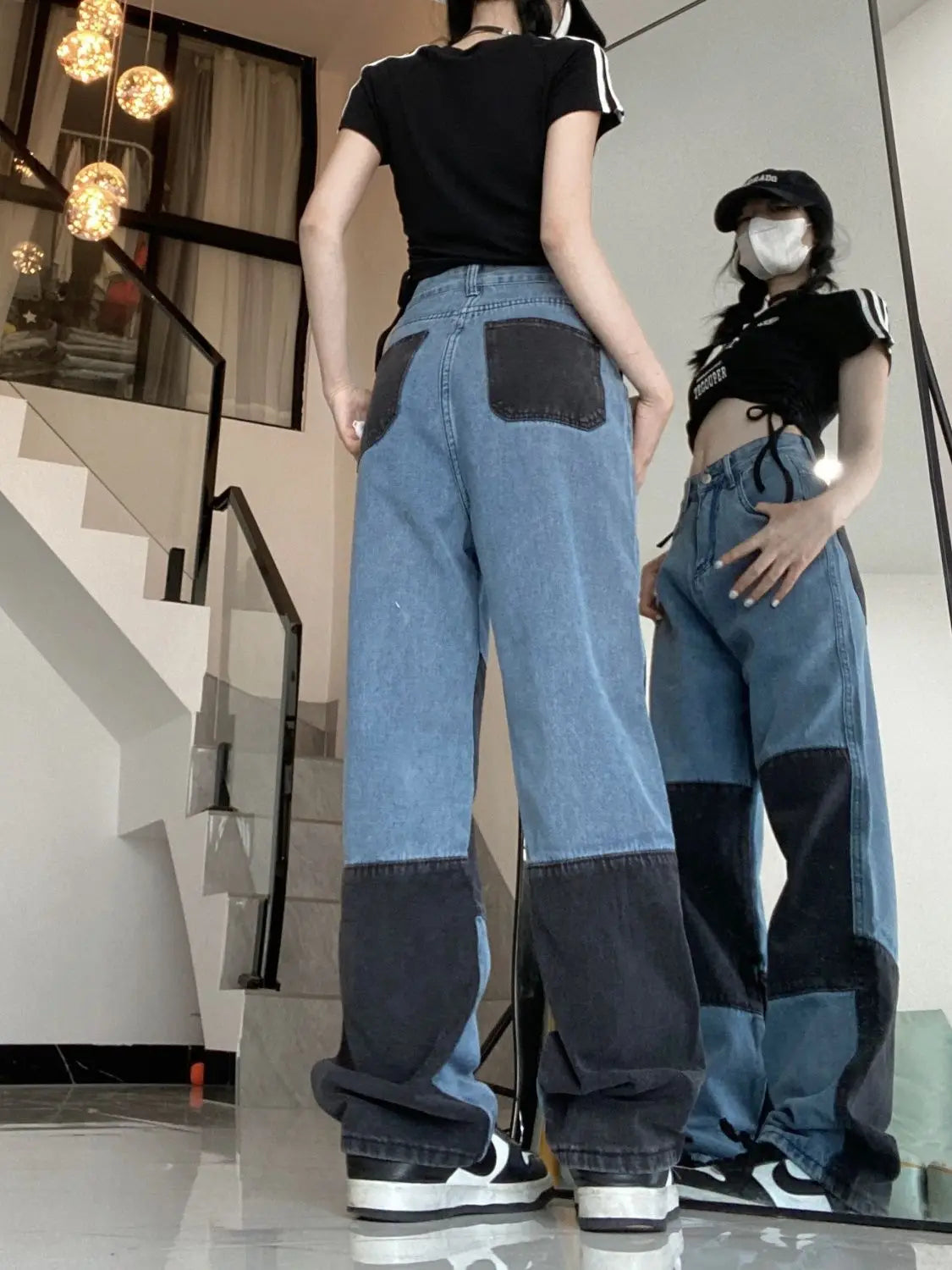 Retro Hot Girl Stitching Street Hip-hop Contrastando Cor Empilhados Jeans para Mulheres Calças Retas de Cintura Alta Calças de Perna Larga