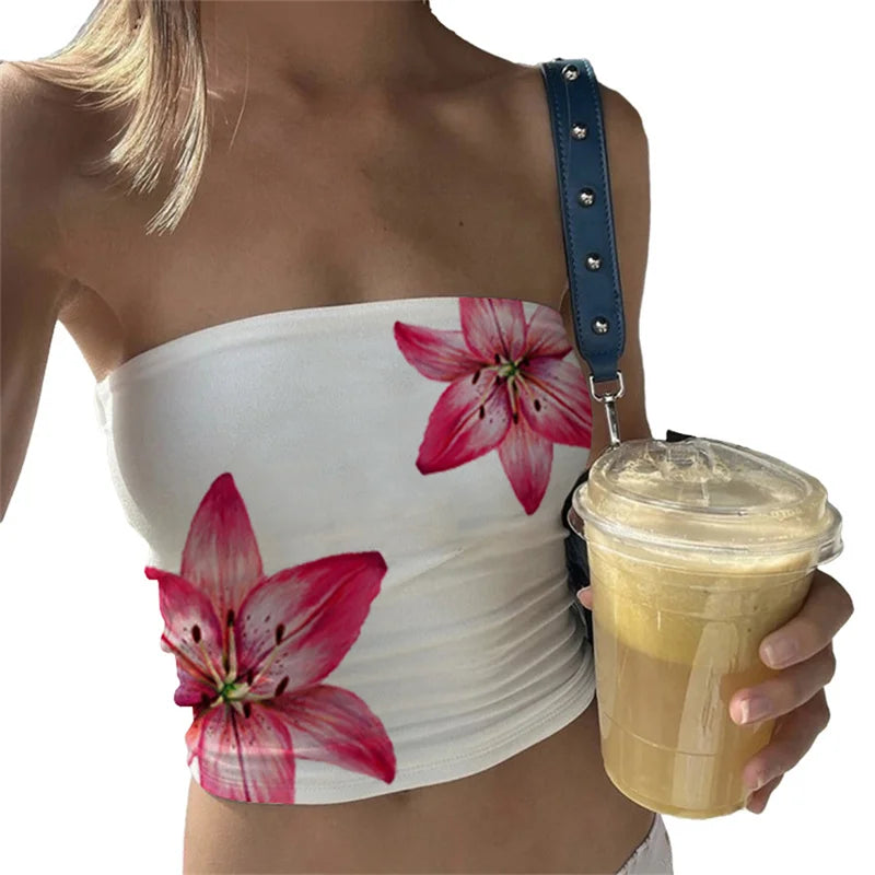 Tops de verão para mulheres com estampa floral e ombros de fora, sem alças, estilo bandeau, estética dos anos 2000, roupas y2k