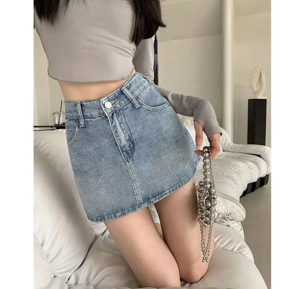 Classic High Waist Jean Skirt Stretchy A-Line Denim Skirts Slim Fit Casual Mini Skirt Girls