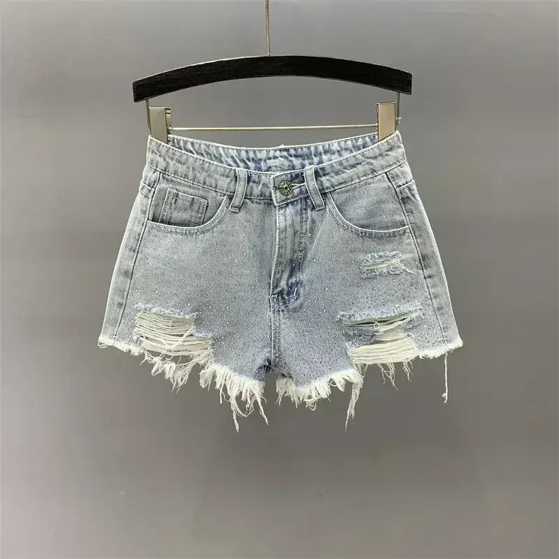 Indústria Pesada Shorts Jeans Rasgados Femininos Calças Quentes 2024 Nova Cintura Alta Emagrecimento Produtos Europeus Cor Strass Calças de Perna Larga