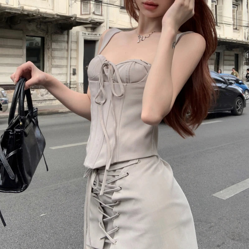 2024 Summer New Streetwear Lace-up Pleated Solid Color Casual Irregular Camisole Women + Sexy Slim A-line Skirt Two Pieces Suit