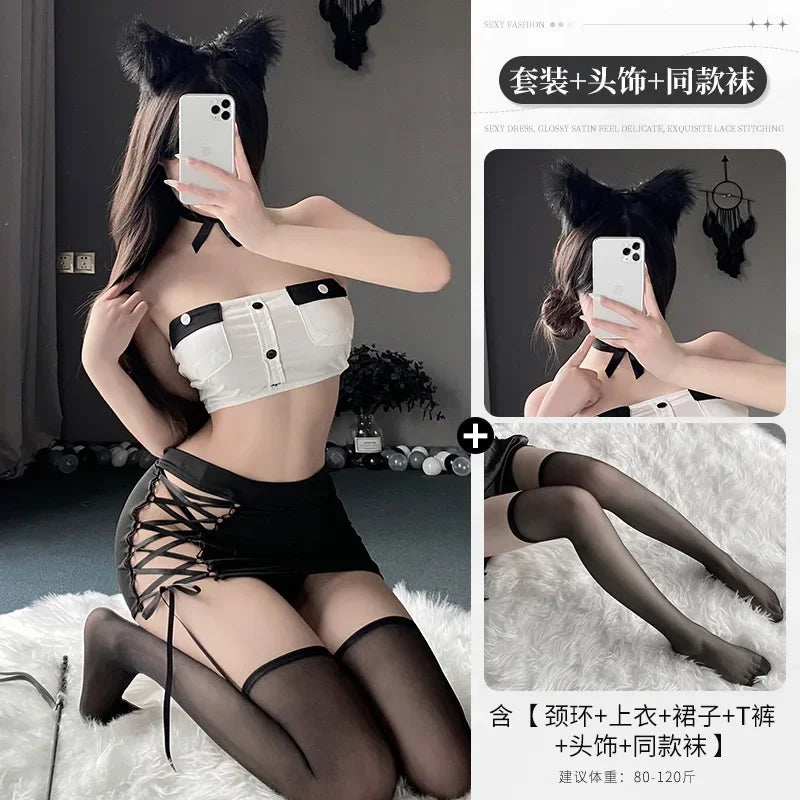 Sexy Female Secretary Costume Cosplay Wrap The Chest Top Mini Skirt Lingerie Office OL Uniform Role Play Couple Sex Game Outfits