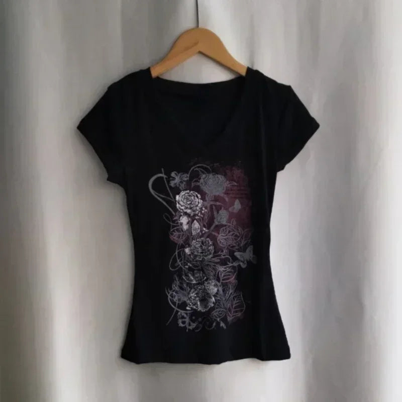 Y2k Aesthetic Flower Printing Women Grunge T-shirts Vintage Slim Harajuku Causal Black Tshirts 2024 Summer Bottoming Crop Tops