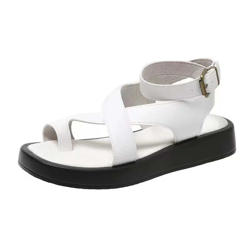 Women Summer Sandals 2024 New Pu Leather Ladies Sandals Flat Fashion Sandales Femme Black White Ankle Buckle Sandalias Mujer