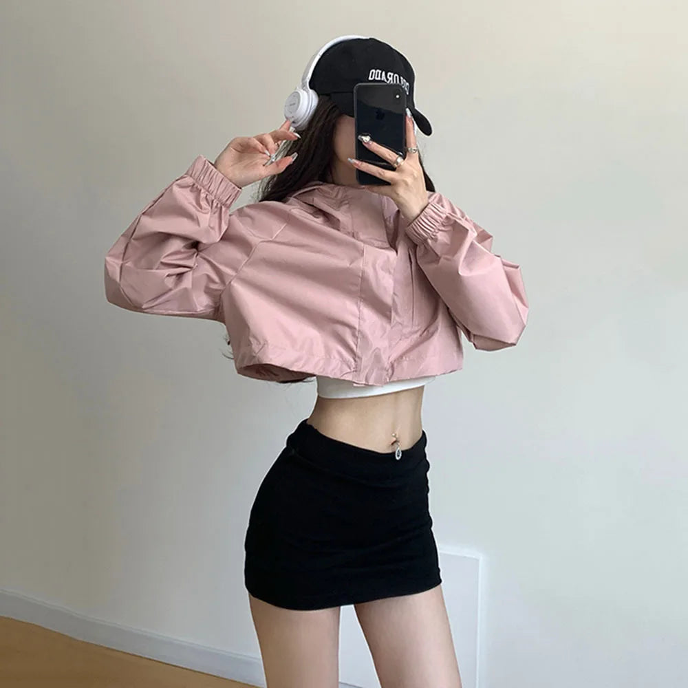 Khaki Hooded Cargo Cropped Jackets Buttons Up Zipper Short Coat Women Outdoor Pink Black Windbreaker Tops Korean Streetwear Y2K