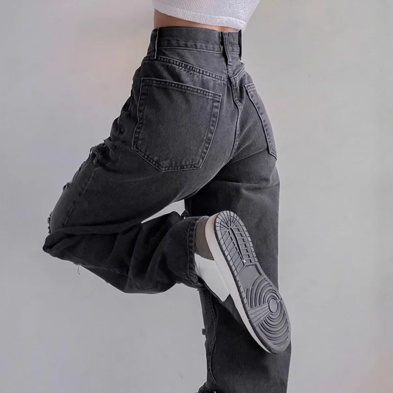 Fashionable Washed Slim Fit Women's Jeans Hole Punching Casual Trousers Stylish Bootcut Denim Pants from Mainland China