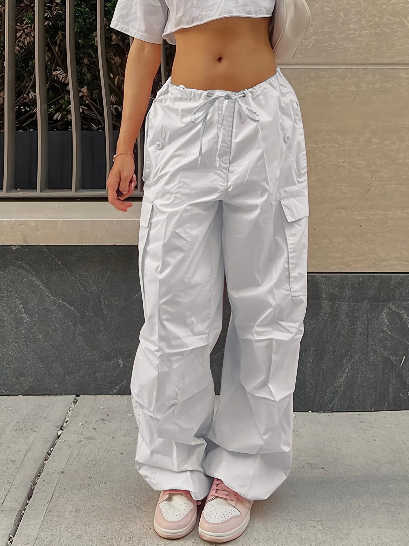 Spring Autumn Women Pants Solid Loose Drawstring Trousers Low Waist Streetwear Joggers Baggy Wide Leg Sweatpants Cargo Pants