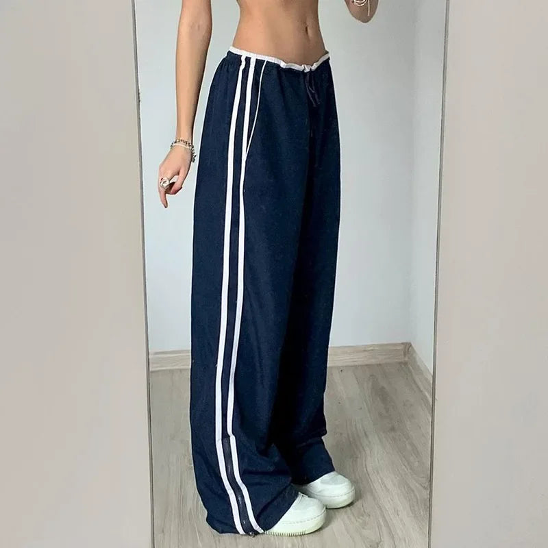 street sports belt color colliding casual pants 2024 spring and summer new elastic waist belt baggy wide leg pants trend