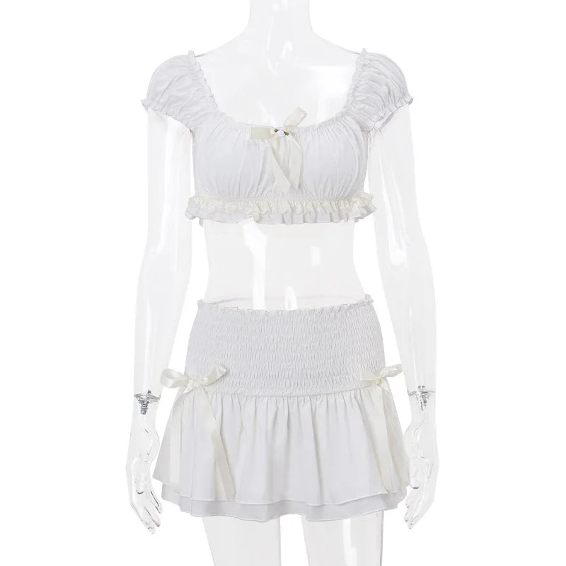 Y2K Fairycore 2 Piece Set 00s Kawaii Outfit Bow Trim Off Shoulder Crop Tops T-shirt + Ruffled Layered Mini Skirt Women Clothes