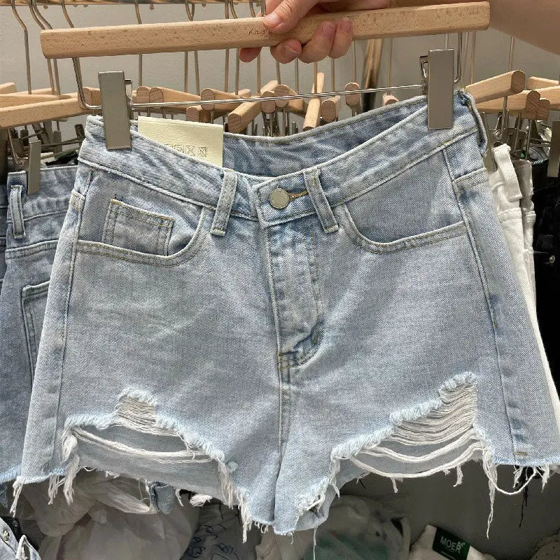 Summer Women's New High-waisted Loose-fit Jeans Shorts Korean Fashion A-line Distressed Hot Y2k Denim Shorts For Women