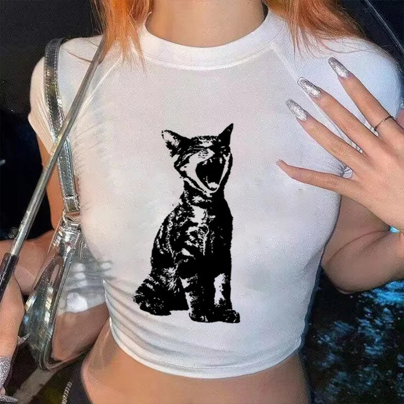 Vintage Cat Print Women Casual Baby Tee Streetwear Aesthetic Short Sleeve T-Shirt Y2k Clothes Gothic Emo Girl Croped Tops