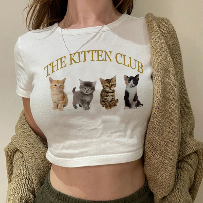 Women 2000s Sweet Funny Cat T Shirt Crop Top Women Shirt Cropped Ulzzang T-shirt 90s Tshirt Top Tee Female Gothic Shirt