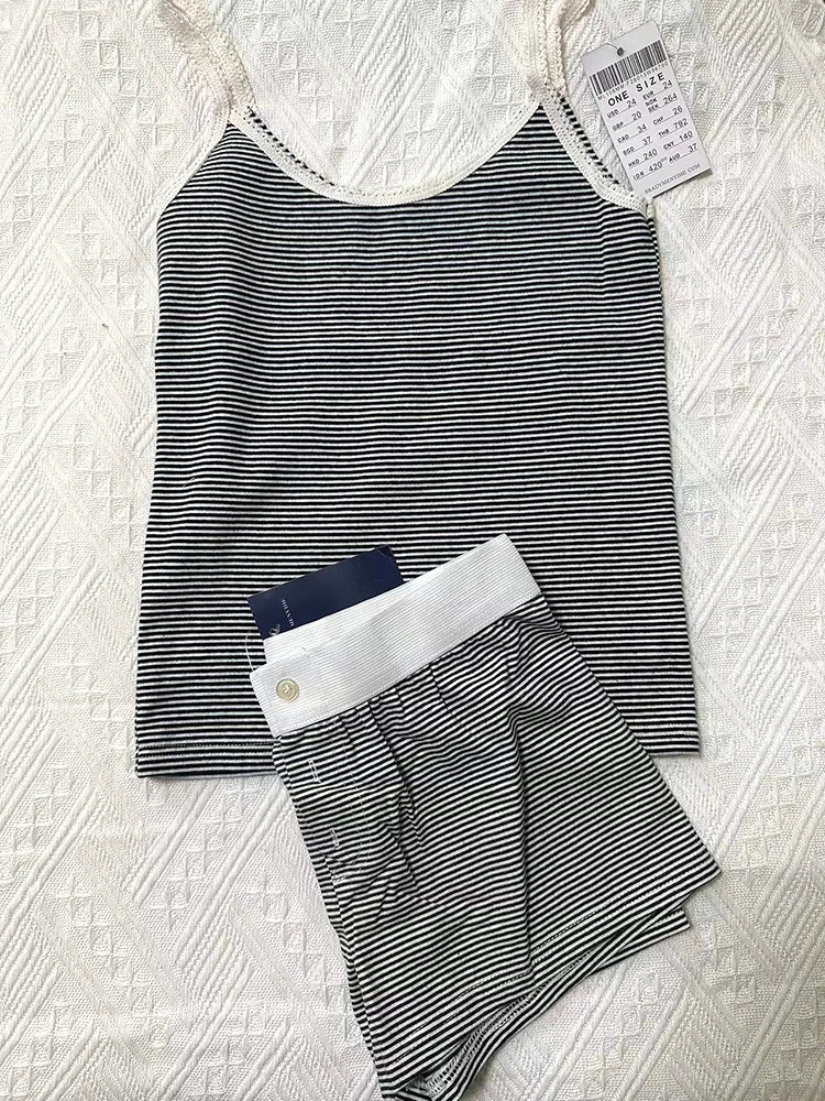 Pink Striped Cotton Vest Shorts 2 Pieces Set Women Bow Slim Tank Tops With Elastic High Waist Straight Short Pants Sweet Sets