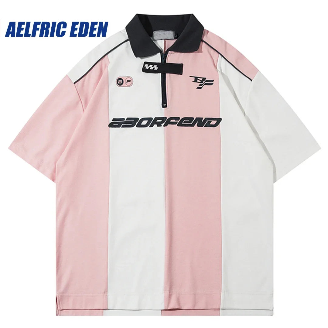 Aelfric Eden Contrast Color Patchwork Polo Tee Y2K Streetwear Hip Hop Print Tshirt Harajuku Retro Casual Cotton Summer Short Tee