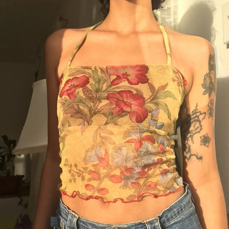 00s Floral Pattem Mesh Sheer Camis Hotsweet E-girl Slim Fit Backless Halter Tops Mulheres Sem Mangas Crop Top Colete Y2K Streetwear