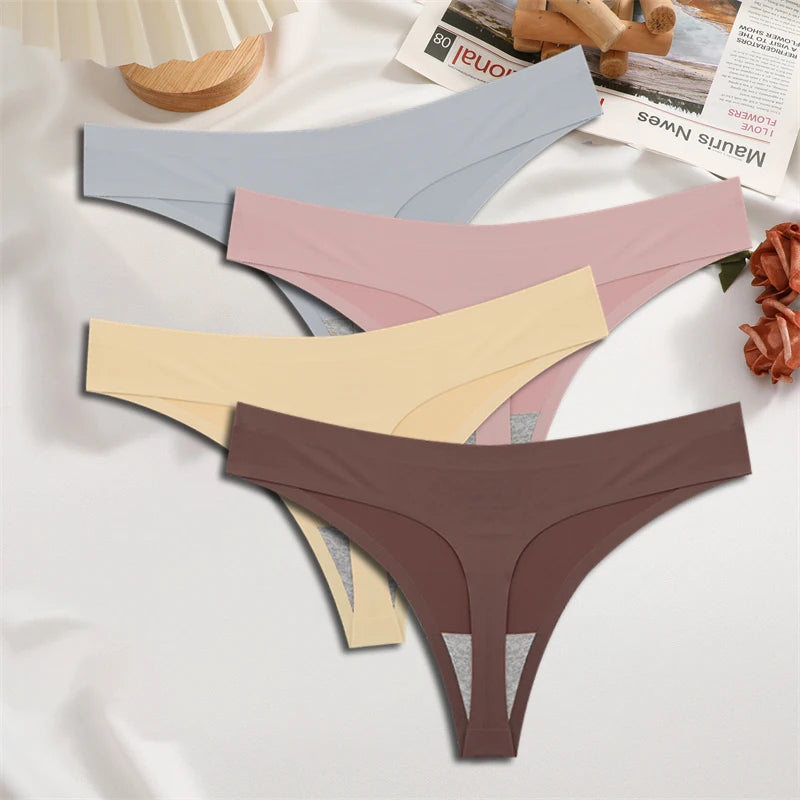 FINETOO 4PCS Silk Satin Seamless Underwear Low Waist Thongs Sexy Solid Color Bikini Underpants Female Stretch Intimates Lingerie