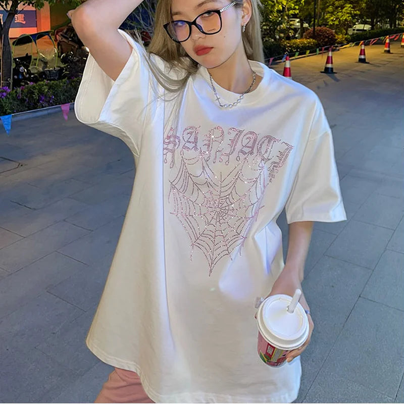 Cotton T-shirts Women Purple Cobweb Print Summer New Short Sleeve College Korean Loose All-match Design Tops Harajuku Fashion