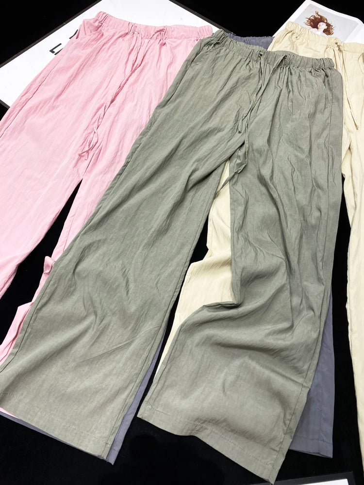 [YOZOU] Summer Thin Comfort Fluid Wide Leg Pants Pink Black Green Gray Khaki Trousers Oversized Loose Korean Solid Streetwear