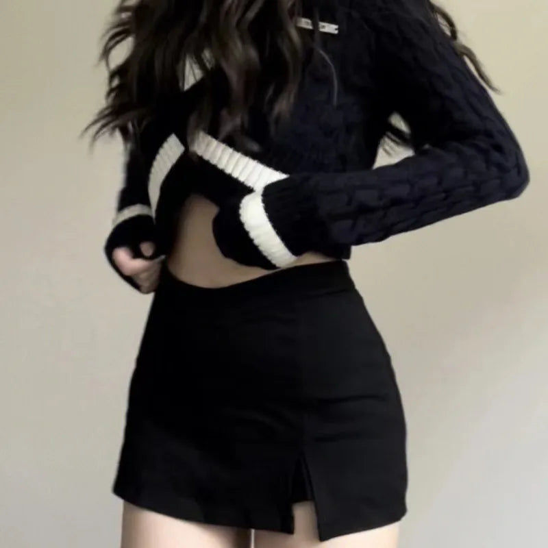 Women's Black Mini Skirts High Waist Sexy Hot Female Slit A-line Skirt All-match Summer Y2k Street Wear Ulzzang Simple Faldas