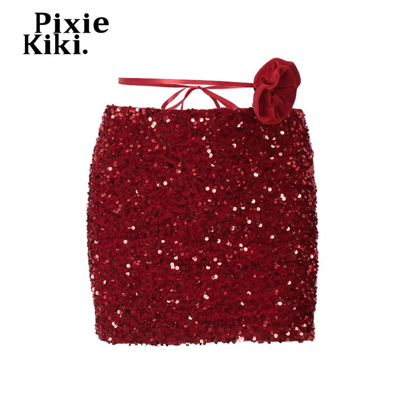 PixieKiki Sparkling Sequins Red Skirts for Woman Clothing Sexy Club Wear Mini Skirt with Floral Applique Summer 2025 P33-BD18