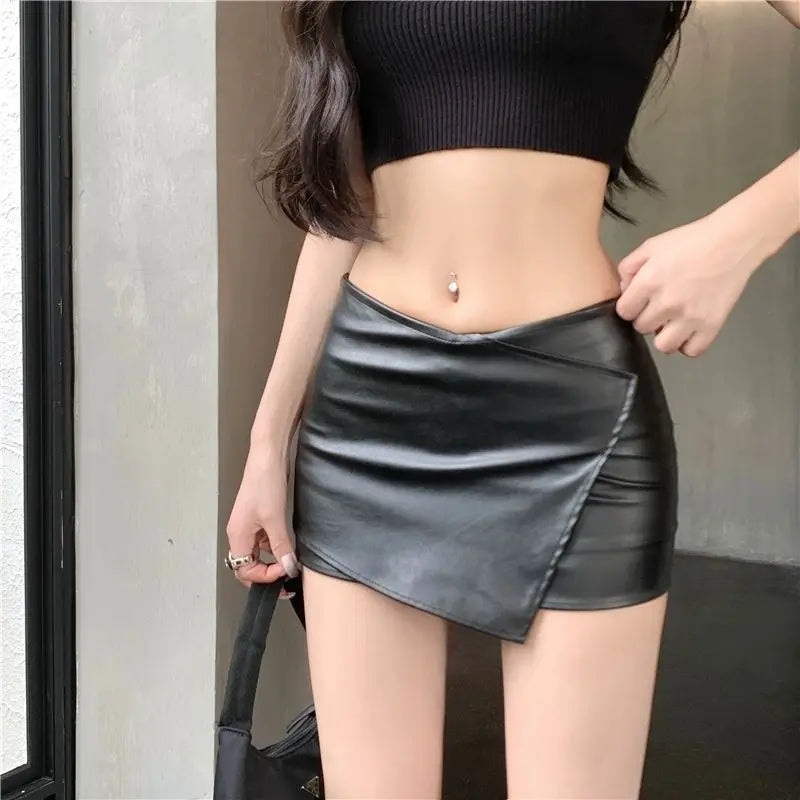 Trend Sexy Solid Color PU A-line Skirt Women Clothes Temperament Fashionable Elasticity Skirts Ladies Simplicity Black Skirt