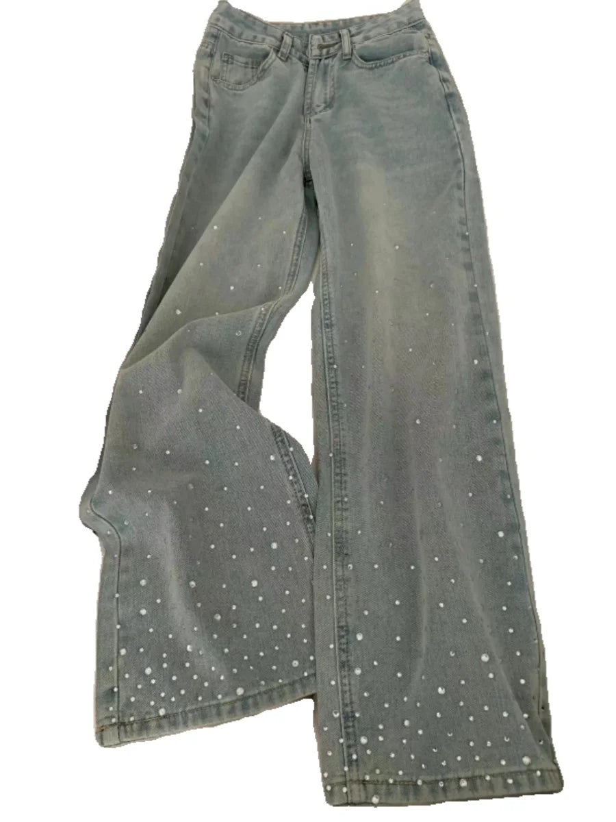 Calça Jeans Reta com Strass Feminina Retro Lavada Calça Larga Clássica Azul Cintura Alta Solta Calça Combinada