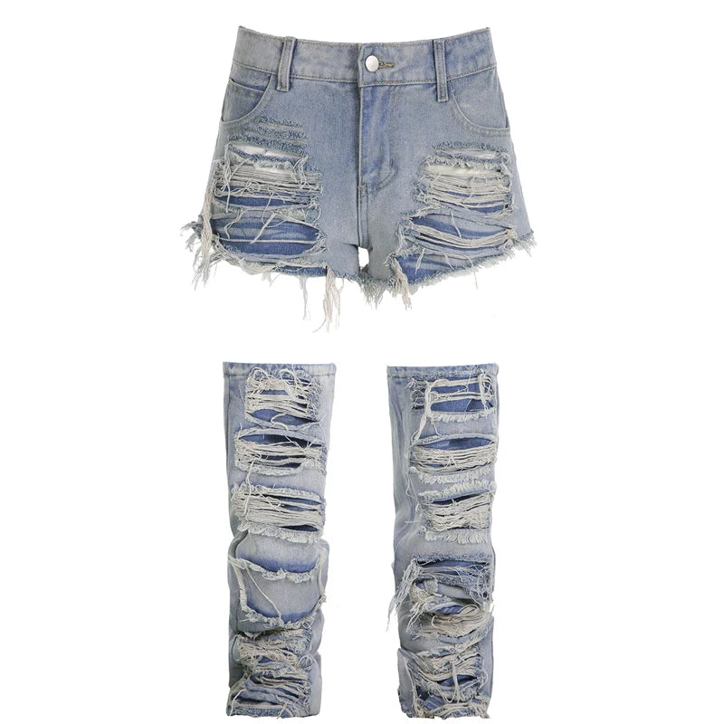 Fashion Y2k Leg Warmers Jeans Hollowed Out Trousers Women Bandage Denim Boots Cover Hip Hop Shorts Women's Gaiter Japanese Pants