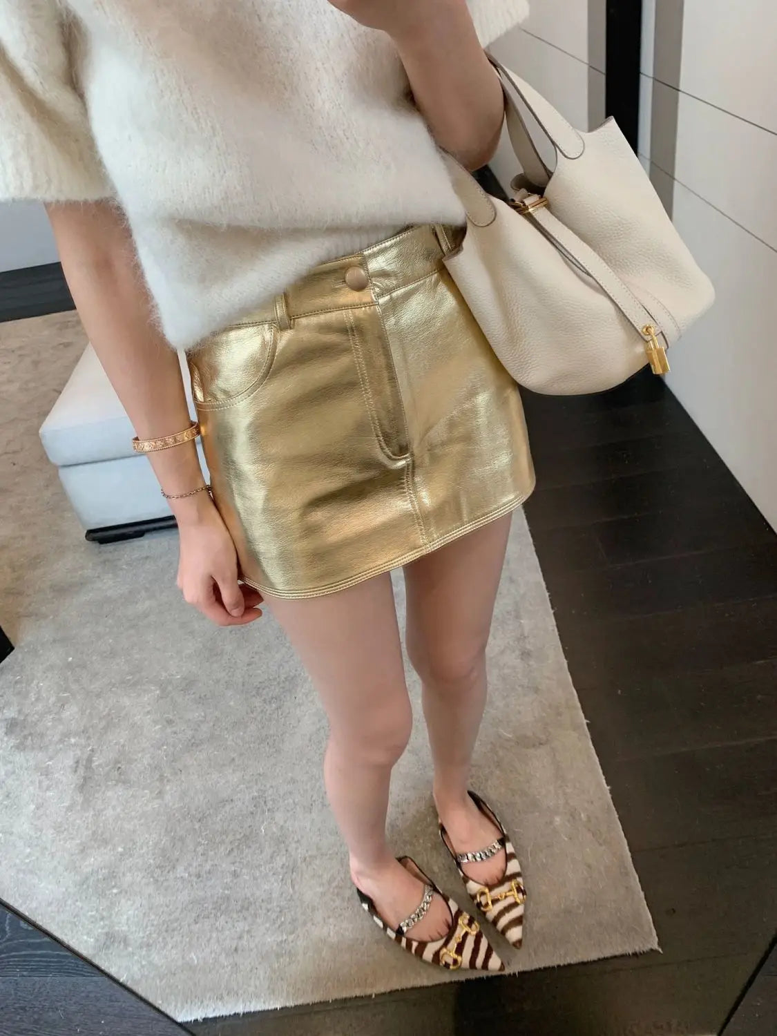 Design High Waist Short Skirt Women's Silver Pu Leather Skirt