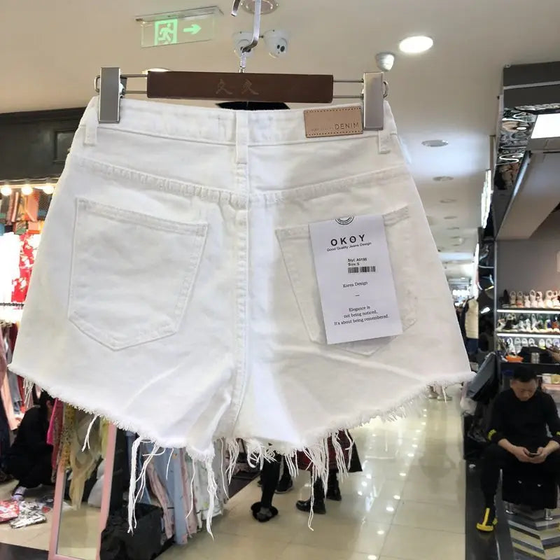 Shorts jeans coreanos de cintura alta com borda crua, femininos, verão 2024, básico, com bolso de botão, para todos os tipos de streetwear, shorts jeans